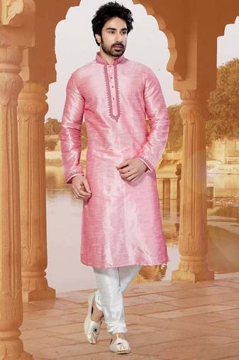 Pink  art silk mens  kurta with churidar set