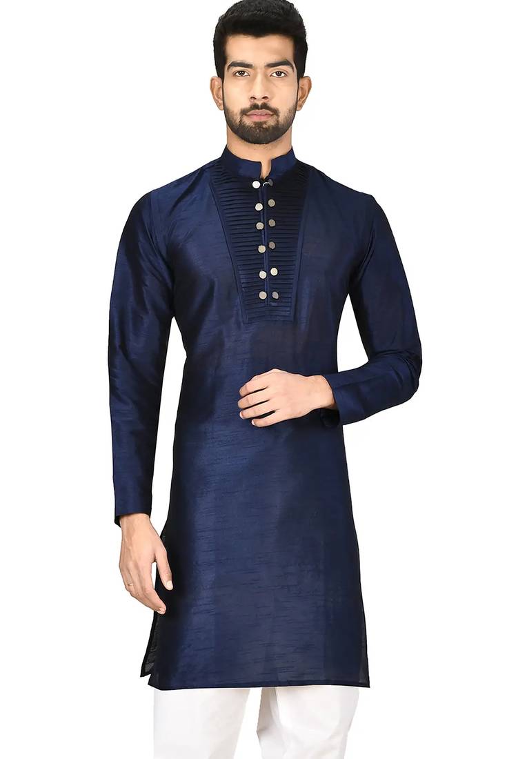 Navy blue art silk mens  kurta with churidar set
