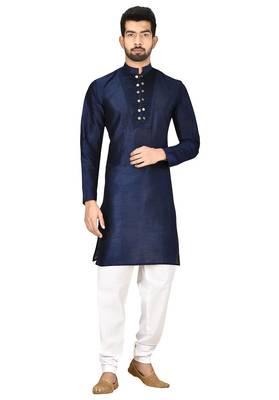 Navy blue art silk mens  kurta with churidar set 3