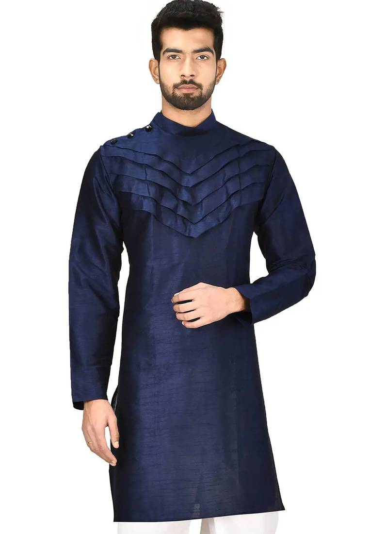 Navy blue art silk mens  kurta with churidar set