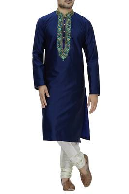 Navy blue dobi dupionmens  kurta with churidar set 1
