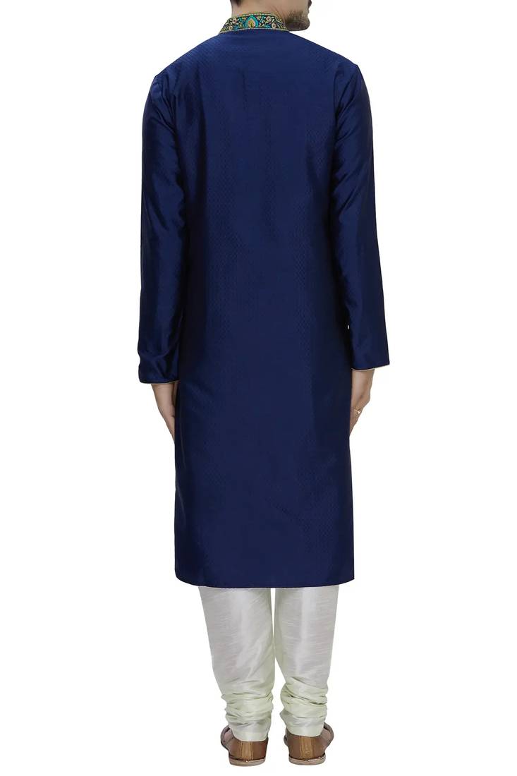 Navy blue dobi dupionmens  kurta with churidar set