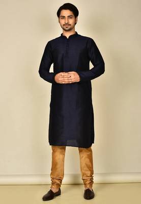 Navy blue art silk mens  kurta with churidar set 1