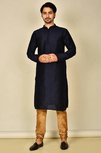 Navy blue art silk mens  kurta with churidar set