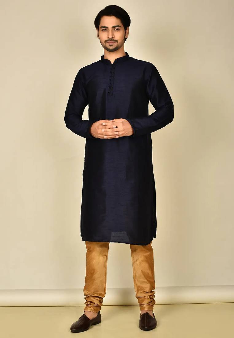 Navy blue art silk mens  kurta with churidar set