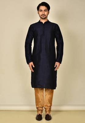 Navy blue art silk mens  kurta with churidar set 3