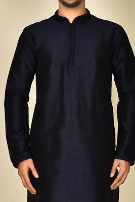 Navy blue art silk mens  kurta with churidar set 4