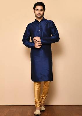 Navy blue art silk mens  kurta with churidar set 1