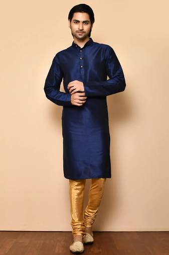 Navy blue art silk mens  kurta with churidar set