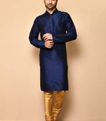 Navy blue art silk mens  kurta with churidar set