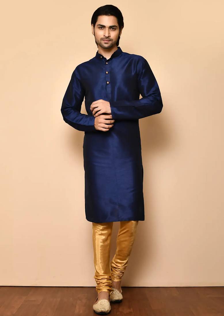 Navy blue art silk mens  kurta with churidar set