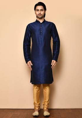 Navy blue art silk mens  kurta with churidar set 3