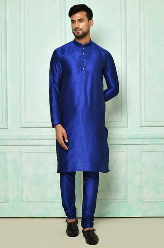Blue art silk mens  kurta with churidar set