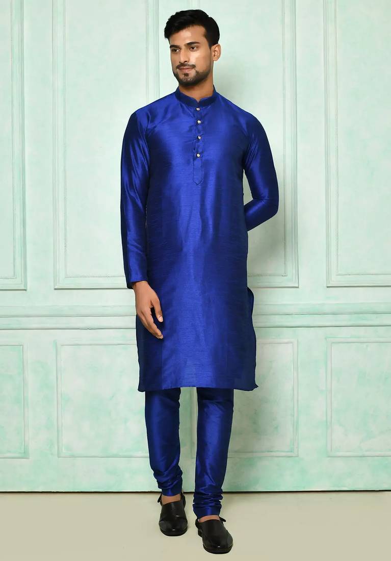 Blue art silk mens  kurta with churidar set