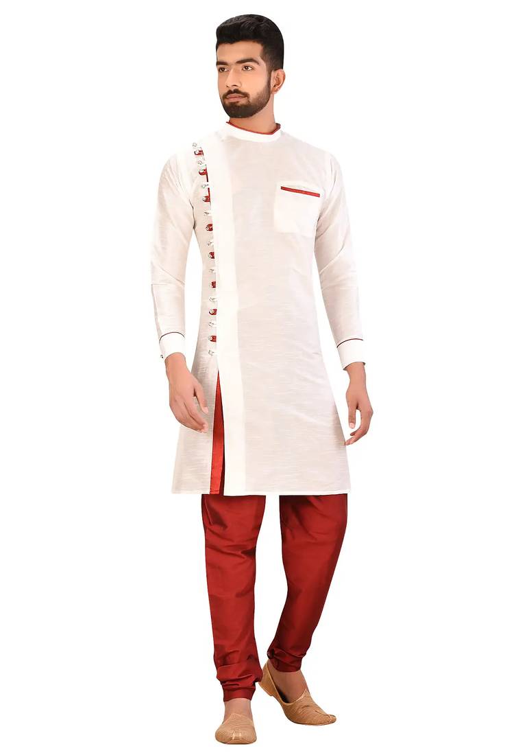 Lemon  art silk mens  kurta with churidar set