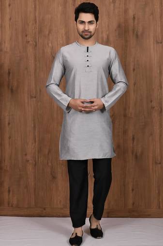 Grey art silk mens  kurta with churidar set