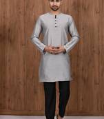 Grey art silk mens  kurta with churidar set