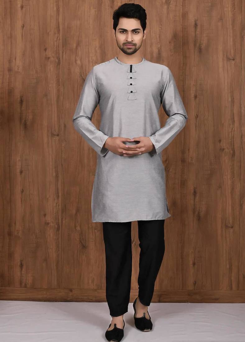 Grey art silk mens  kurta with churidar set