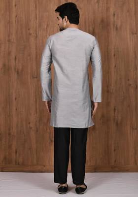Grey art silk mens  kurta with churidar set 2