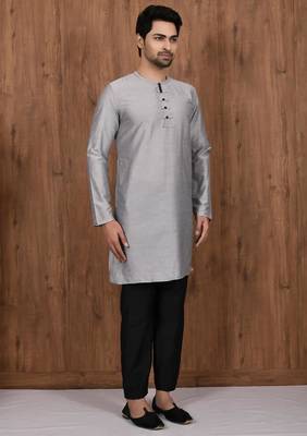 Grey art silk mens  kurta with churidar set 3