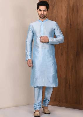 Blue art silk mens  kurta with churidar set 1