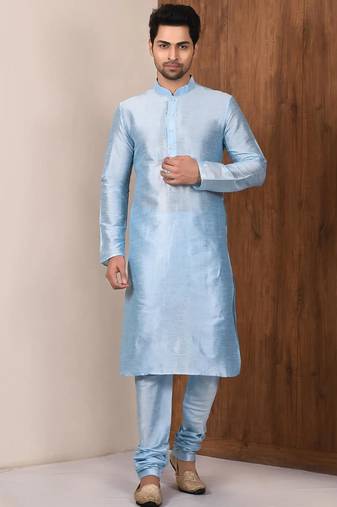 Blue art silk mens  kurta with churidar set