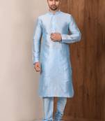 Blue art silk mens  kurta with churidar set