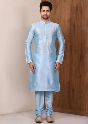 Blue art silk mens  kurta with churidar set 3