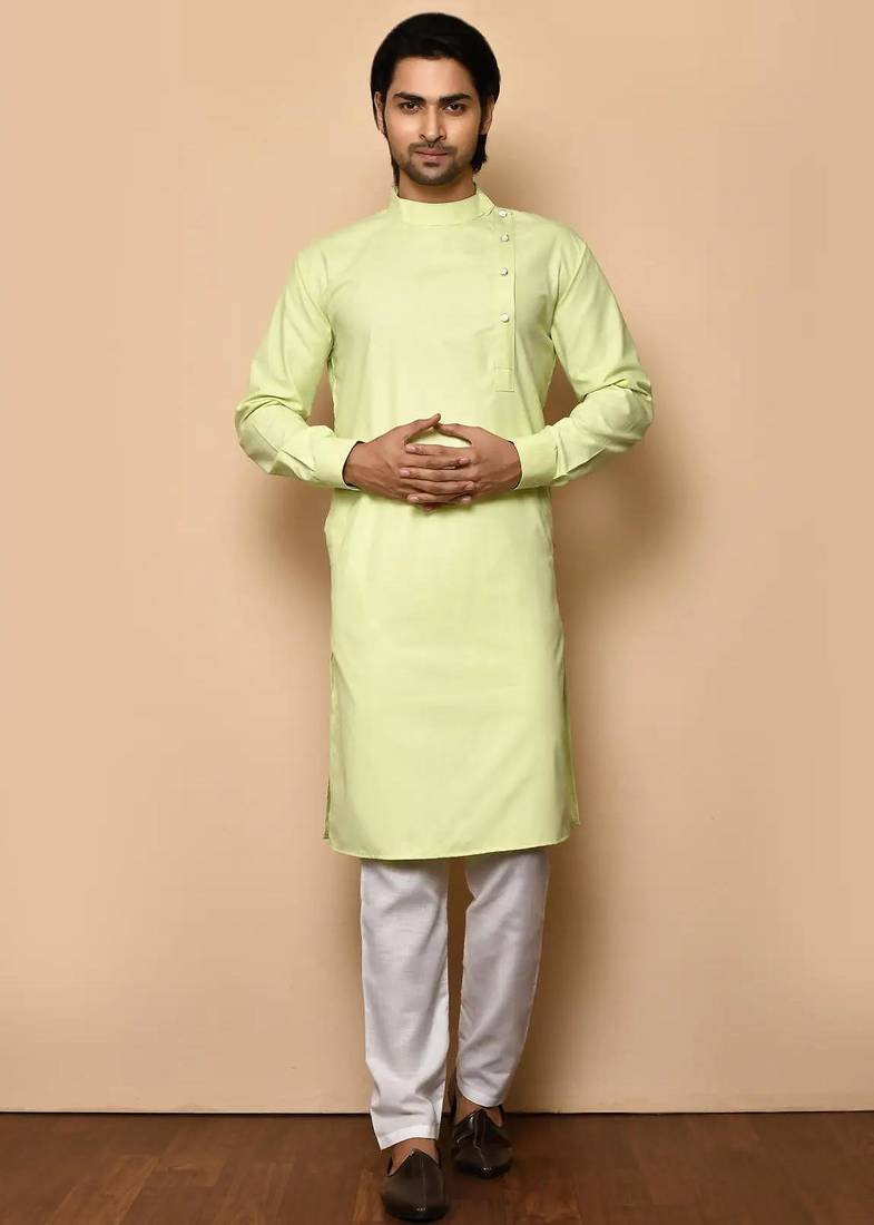 Light green cotton blendmens  kurta with churidar set