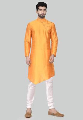 Orange  art silk mens  kurta with churidar set 1