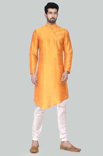 Orange  art silk mens  kurta with churidar set