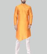 Orange  art silk mens  kurta with churidar set