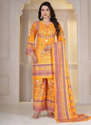 Orange Floral Printed Pakistani Style Kurta Palazzo Set with Dupatta 1