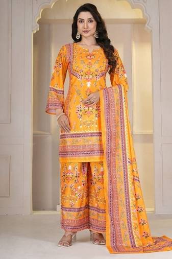 Orange Floral Printed Pakistani Style Kurta Palazzo Set with Dupatta