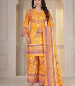Orange Floral Printed Pakistani Style Kurta Palazzo Set with Dupatta