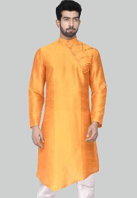 Orange  art silk mens  kurta with churidar set 3
