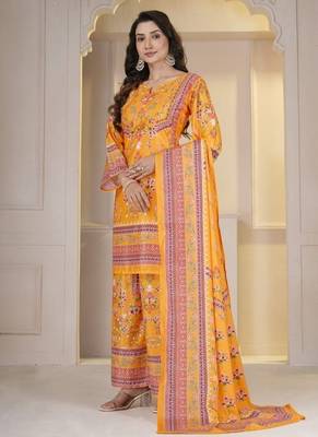 Orange Floral Printed Pakistani Style Kurta Palazzo Set with Dupatta 2