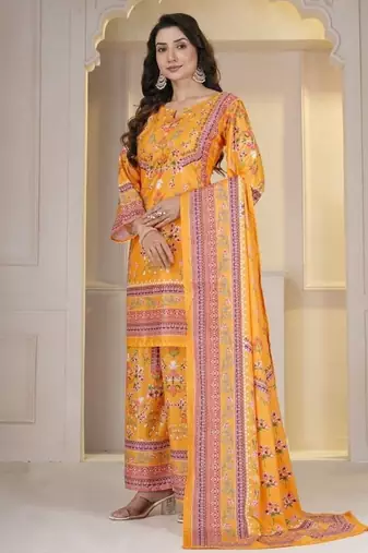Orange Floral Printed Pakistani Style Kurta Palazzo Set with Dupatta