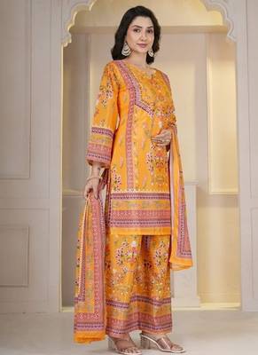 Orange Floral Printed Pakistani Style Kurta Palazzo Set with Dupatta 3
