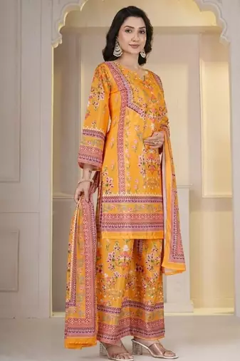 Orange Floral Printed Pakistani Style Kurta Palazzo Set with Dupatta