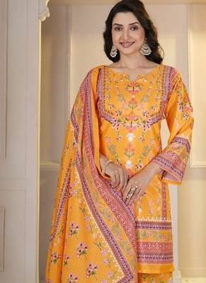 Orange Floral Printed Pakistani Style Kurta Palazzo Set with Dupatta 5