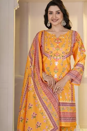 Orange Floral Printed Pakistani Style Kurta Palazzo Set with Dupatta