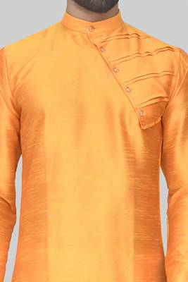Orange  art silk mens  kurta with churidar set 4