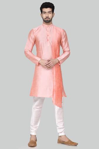 Pink  art silk mens  kurta with churidar set