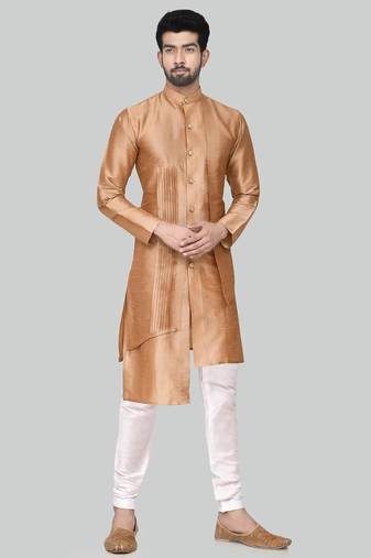 Gold art silk mens  kurta with churidar set