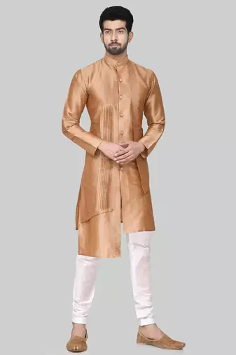 Gold art silk mens  kurta with churidar set