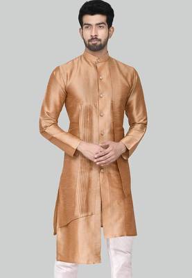 Gold art silk mens  kurta with churidar set 3