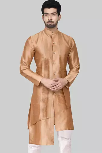Gold art silk mens  kurta with churidar set