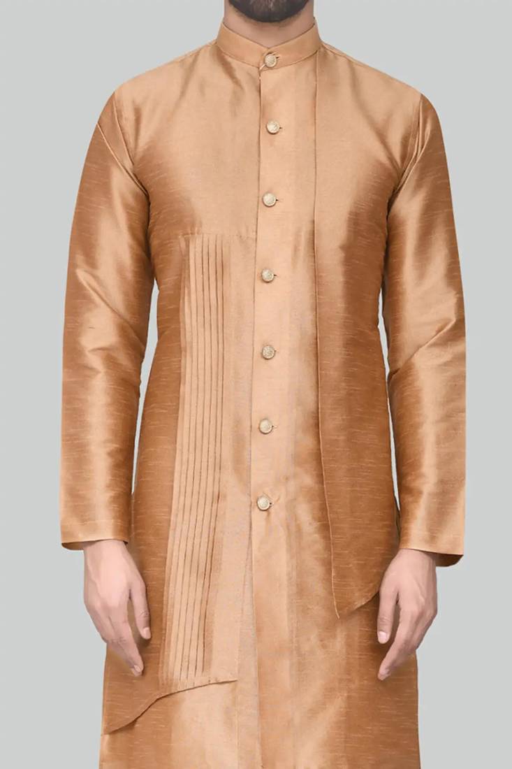Gold art silk mens  kurta with churidar set