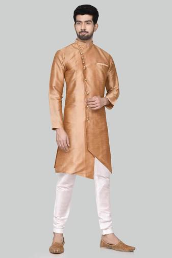 Gold art silk mens  kurta with churidar set